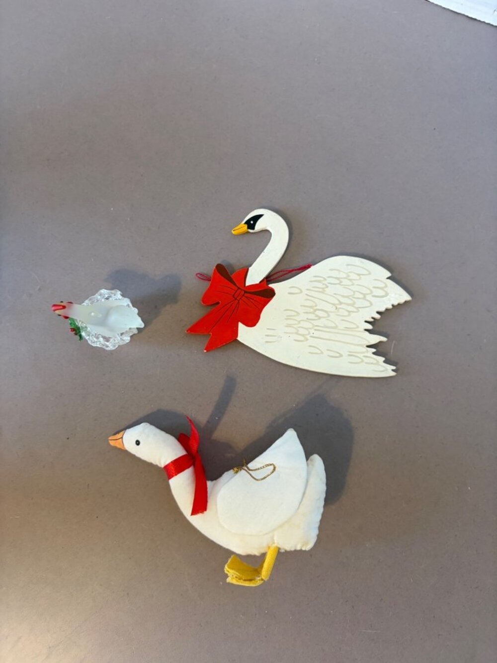 Set Of 3 Goose & Swan Christmas Ornaments - Fabric Wood & Glass - Holiday Decor